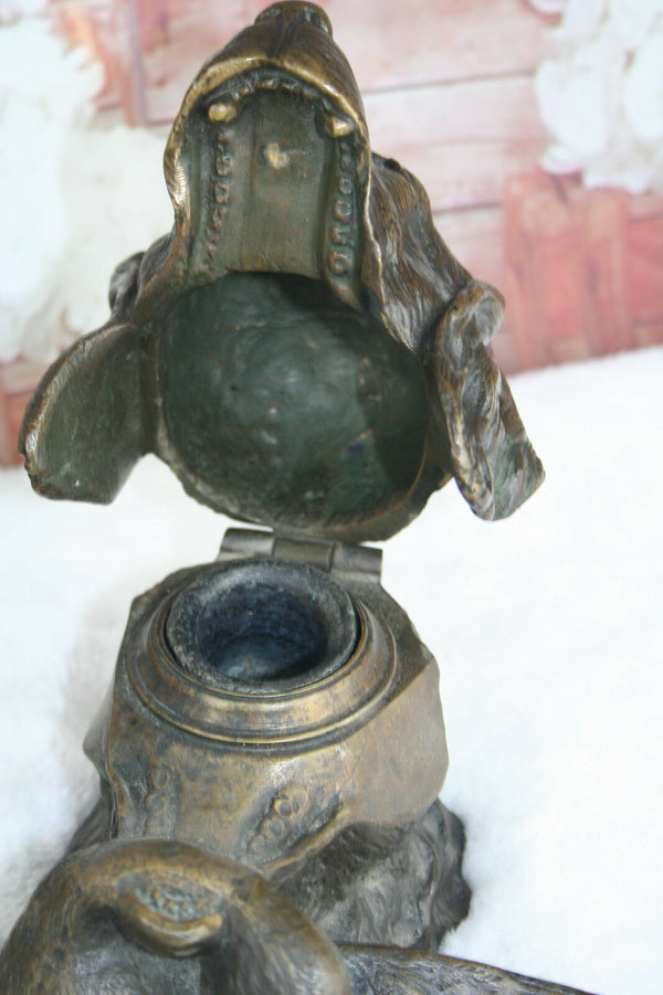 Wonderful French Bronze Dog hunting duck inkwell circa 1900