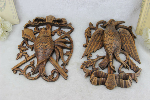 PAIR German black forest wood carved hunting trophy wall plaques 1950