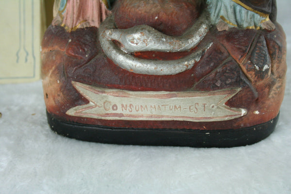 Antique French Plaster chalkware crucifix calvary biscuit Mary MAgdalena Christ