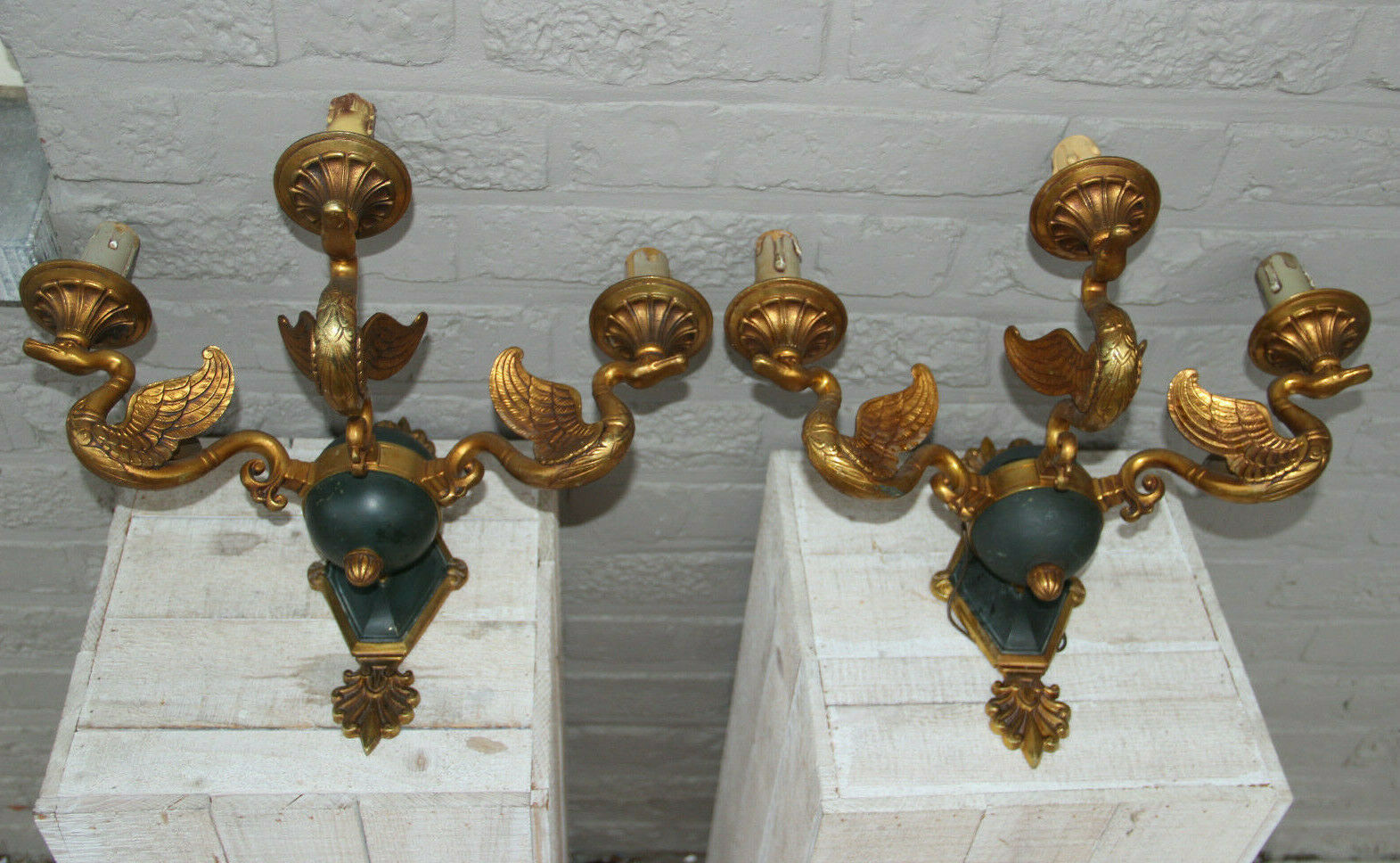 Majestical pair French bronze swan empire animal 3 arm wall sconces lights rare