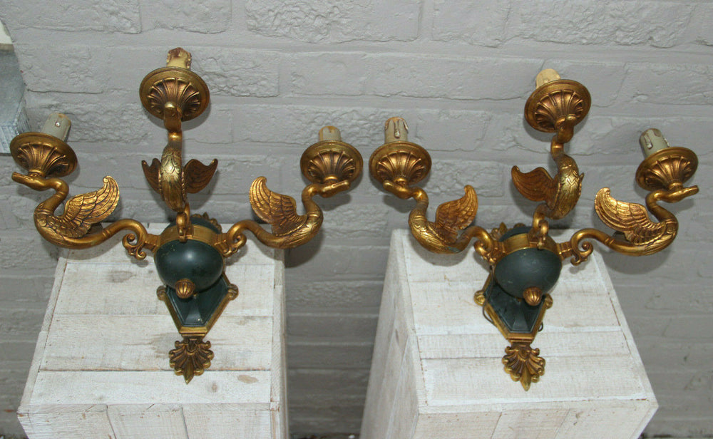 Majestical pair French bronze swan empire animal 3 arm wall sconces lights rare