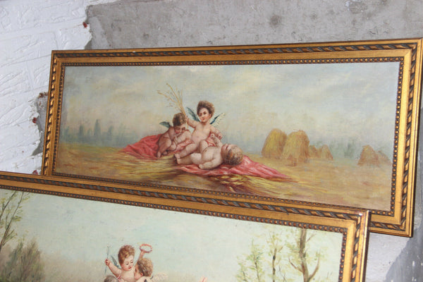 Top French Antique set 4 oil canvas Painting Putti angels  4 Seasons