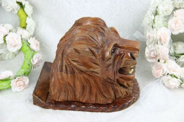 Vintage Mid century Wood carved lion panther head cigarettes cigar cave box