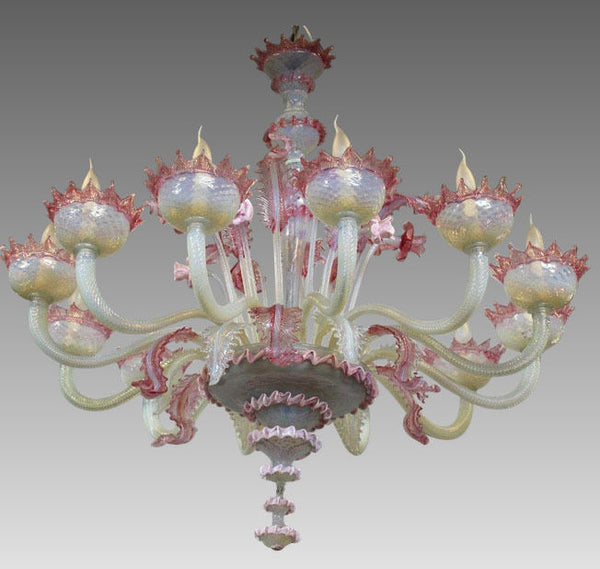 XXL Majestical 12 ARMS murano Venetian pink glass hand blown Chandelier 1960's