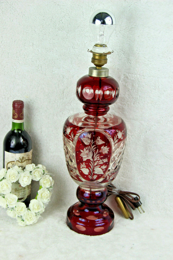 Bohemian Czech ruby red cut crystal glass floral lamp 1950