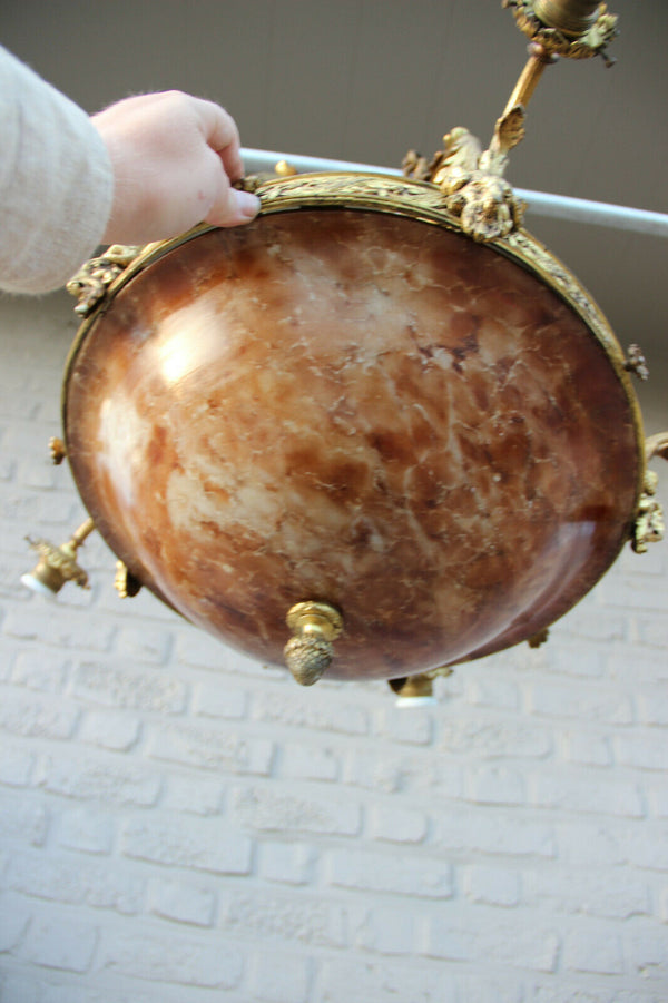 Antique French Amber alabaster marble Ram head Bronze chandelier 5 arms