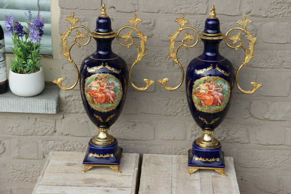 PAIR french vintage cobalt blue limoges porcelain victorian scene vases 1960