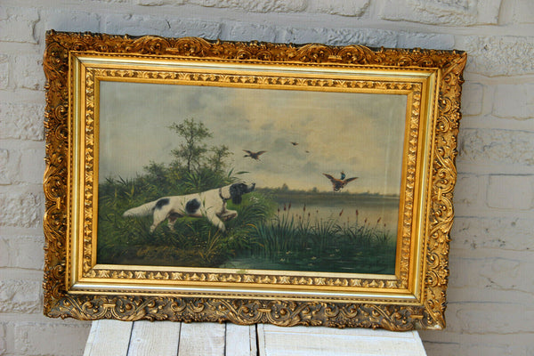 Antique French 1912 Oil Canvas painting hunting dogs field signed