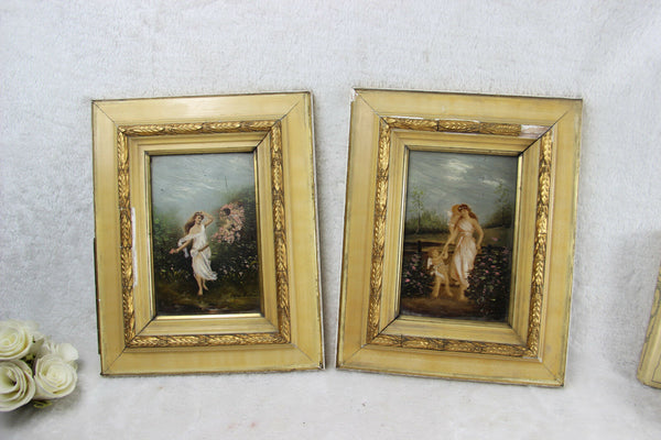 PAIR French romantic putti oil panel painting romantic scene