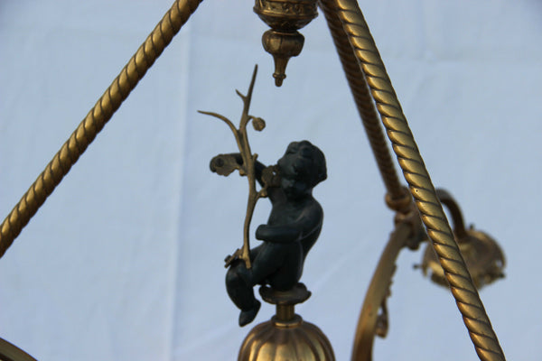Gorgeous French vintage Brass putti figural Chandelier pendant crystal coupe VSL