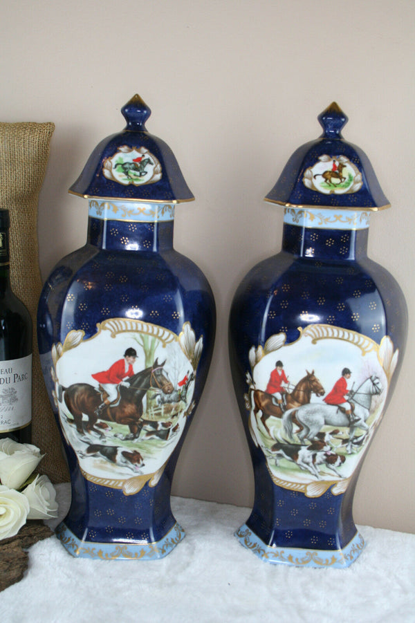 PAIR  French vases in Limoges porcelain hunting dogs horses scene marked