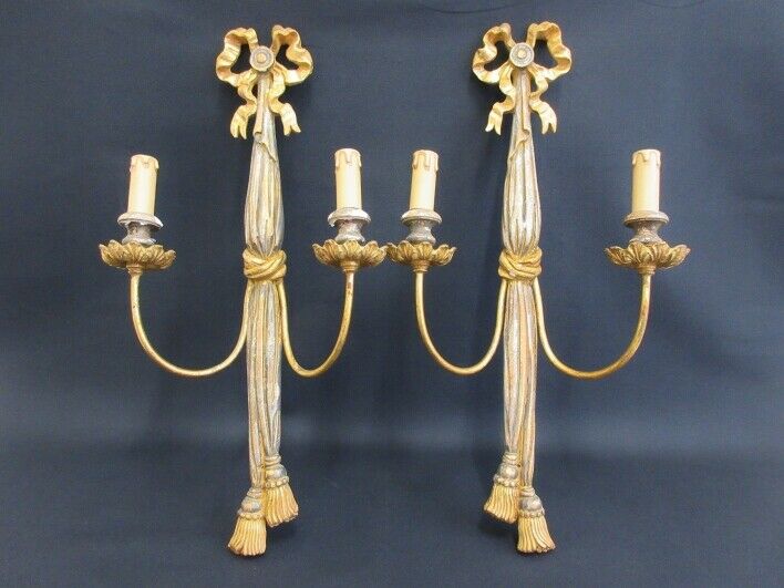 huge pair italian Maison chelini Wood Carved Louis XVI wall sconces lights 1970