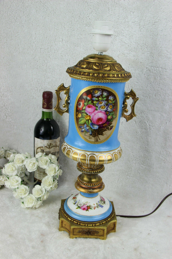 Antique French vieux paris porcelain floral lamp pastel blue