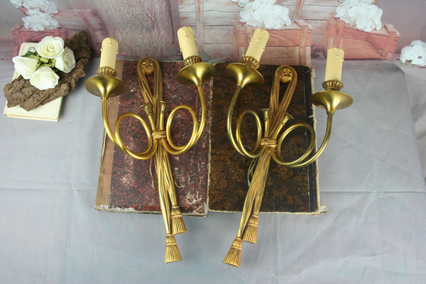 PAIR hunting horn brass 2 arms sconces wall ligts lamp 1920 French