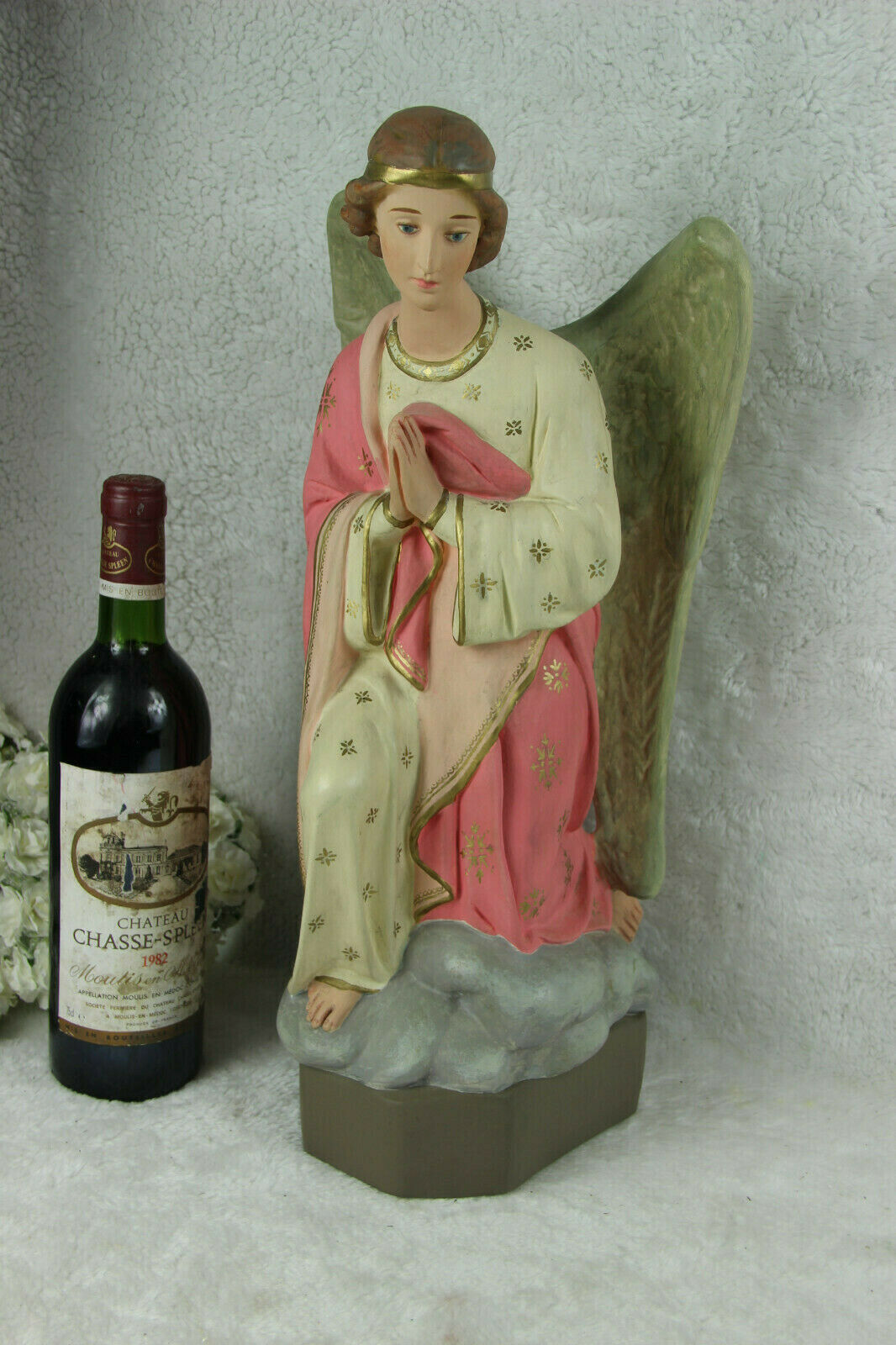 Large religious church altar statue figurine arch angel chalkware polychrome