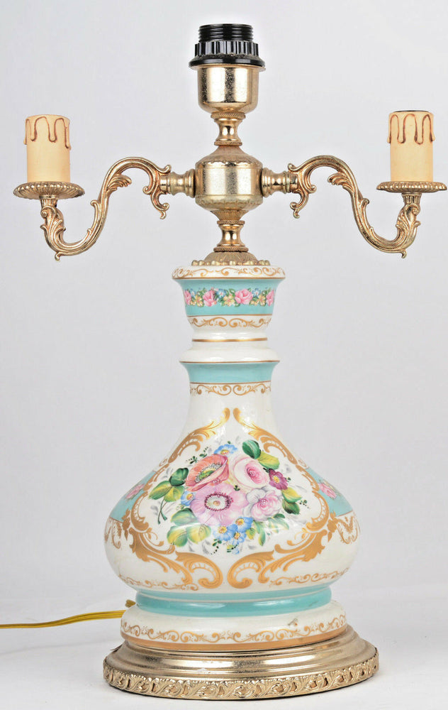 French vintage Porcelain table lamp floral decor hand paint 1970