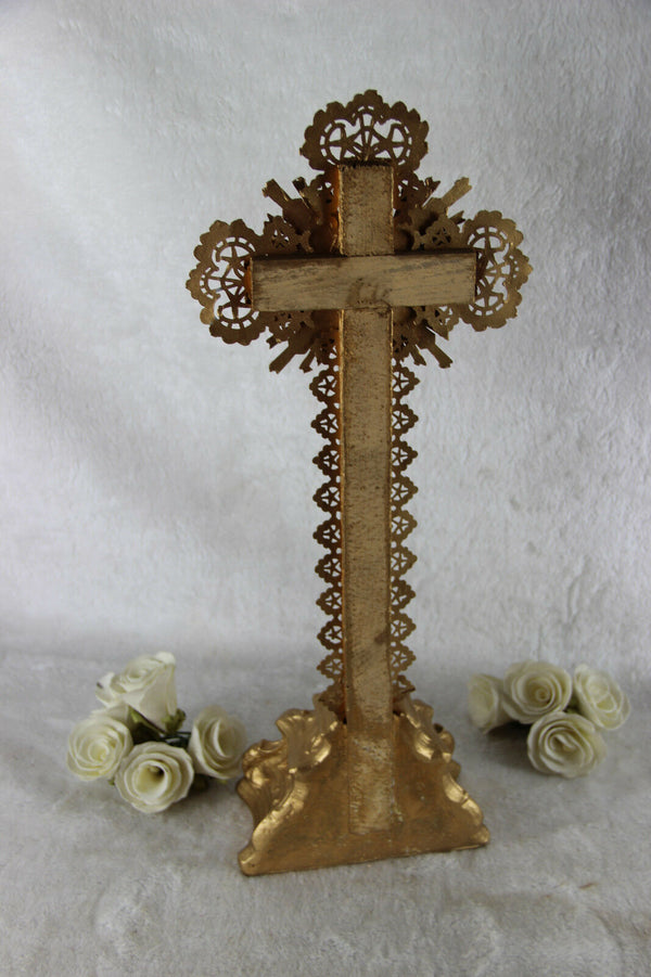 Antique chalkware Crucifix cross lamb putti religious 1920's France