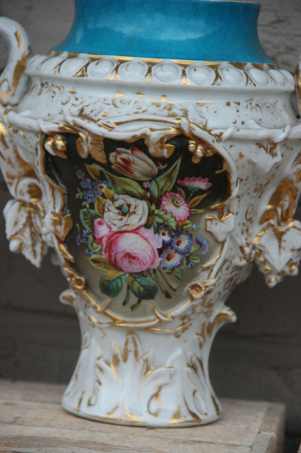 PAIR antique French vieux paris porcelain vases Floral hand paint decor