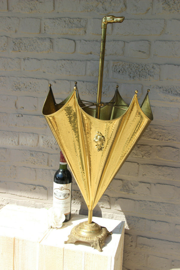 LARGE Mid century 1970 Brass greyhound dog head umbrella stand holder hotel