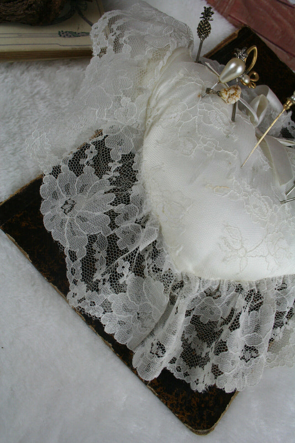 Antique Hat Pin Cushion or Pillow, Satin with Lace Overlay circa 12 pins