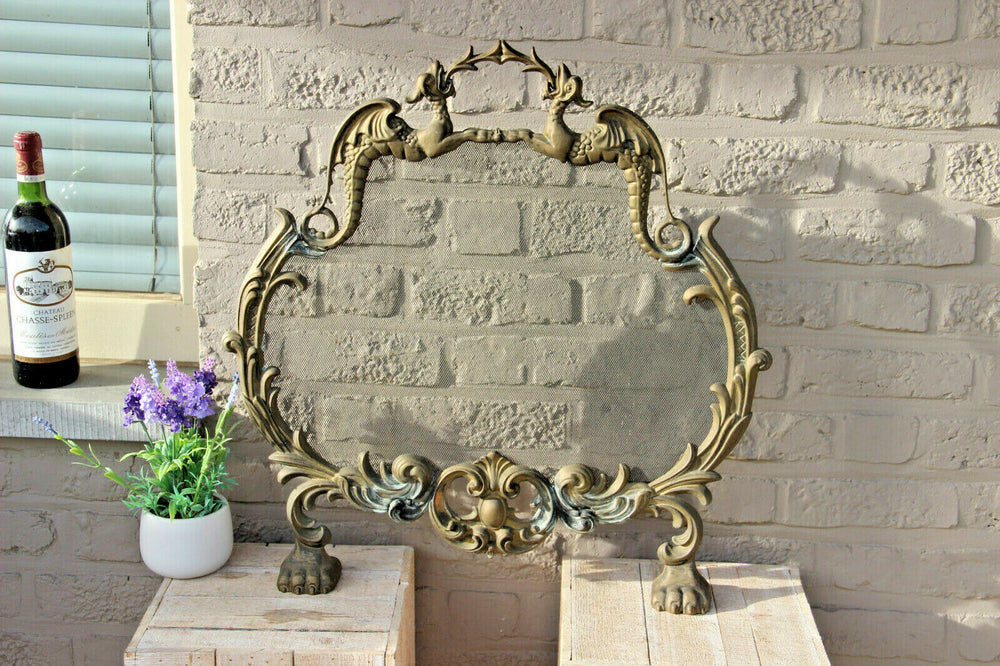 Antique French bronze metal gothic castle dragons fireplace screen