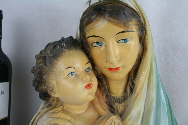 Rare antique Belgian Bust Madonna Mary jesus child religious plaster marked