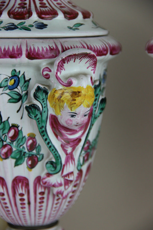 RARE PAIR faience de l'est Strasbourg Normandie Vases putti heads floral 1920