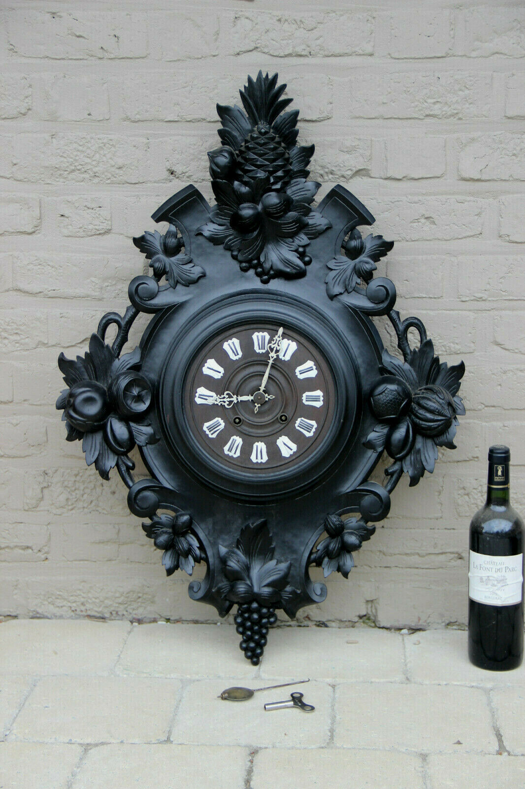 XXL Antique BLACK FOREST wood carved fruits pineapple wall clock black rare