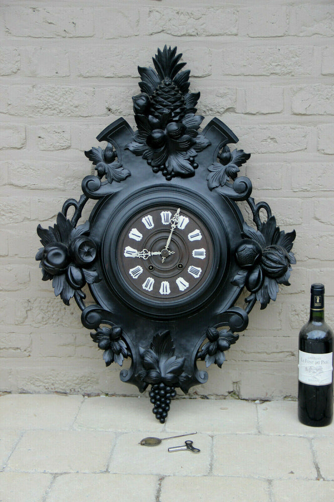 XXL Antique BLACK FOREST wood carved fruits pineapple wall clock black rare