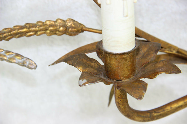 PAIR XXL Hollywood regency 3 arm Italian Gilt Metal Wheat Sheaf Wall Sconces