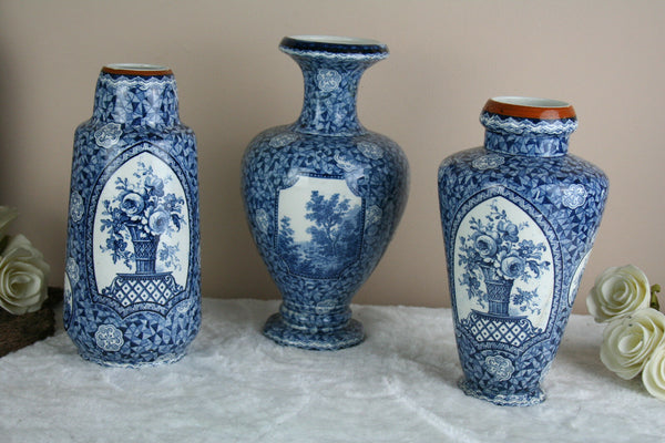 SET 3 Antique Royal bonn Blue white flamand decor nature theme Vases marked