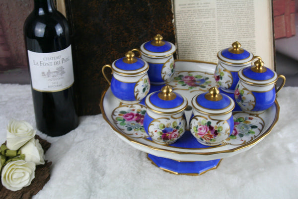 Antique French Serving tray 6 cream pots sevres floral porcelain 1900