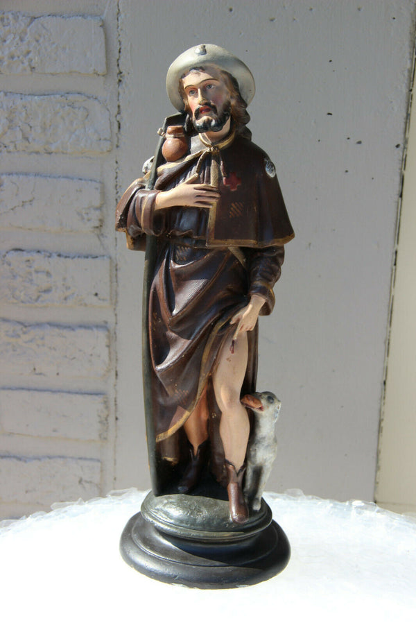 RARE antique Religious SAINT ROCH dog Statue Church Plaster polychrome  1930