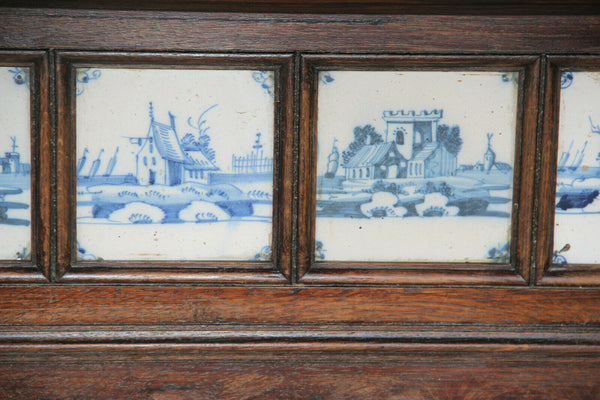Huge Antique oak wood carved wall coat rack delft pottery tiles 1920s