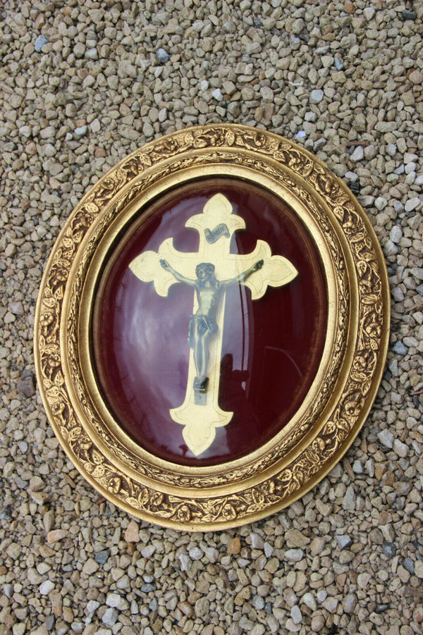 antique French wall panel glass Christ crucifix Religious