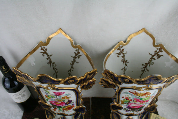 PAIR 19thC old Bayeux Paris porcelain floral hand paint decor French Vases
