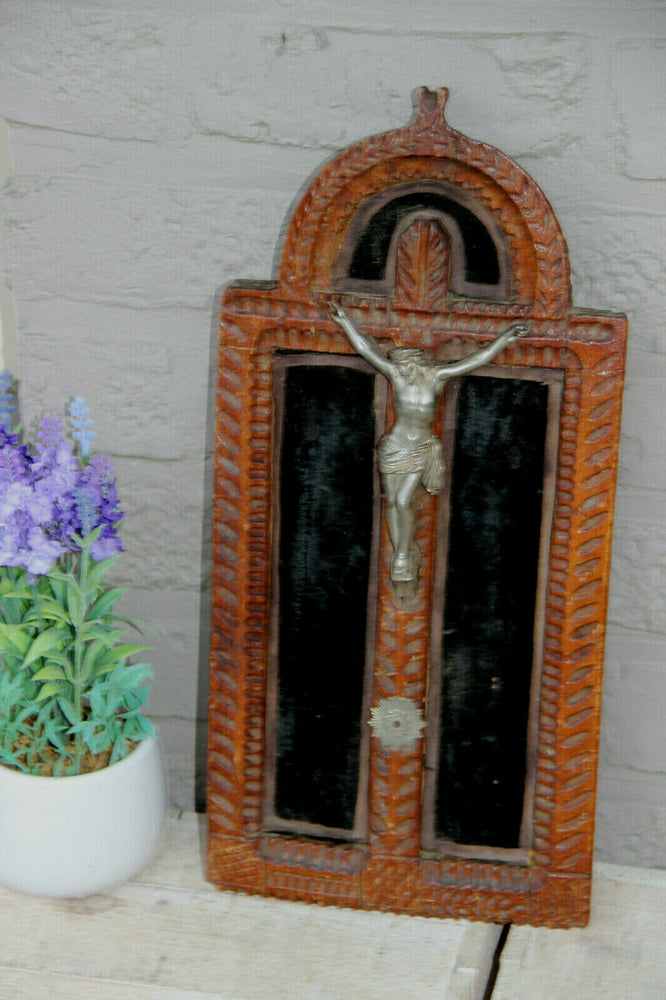 Antique Religious french wood carved crucifix on velvet metal christ