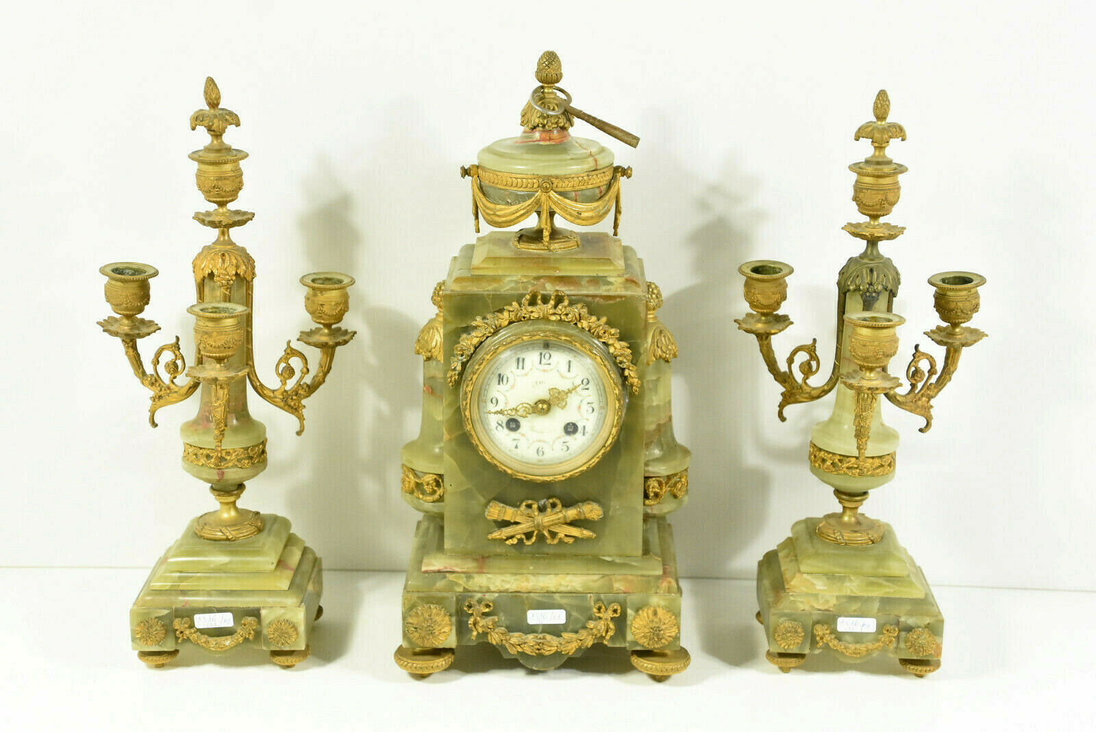 Antique French onyx and brass mantel clock set louis XVI decor candelabras