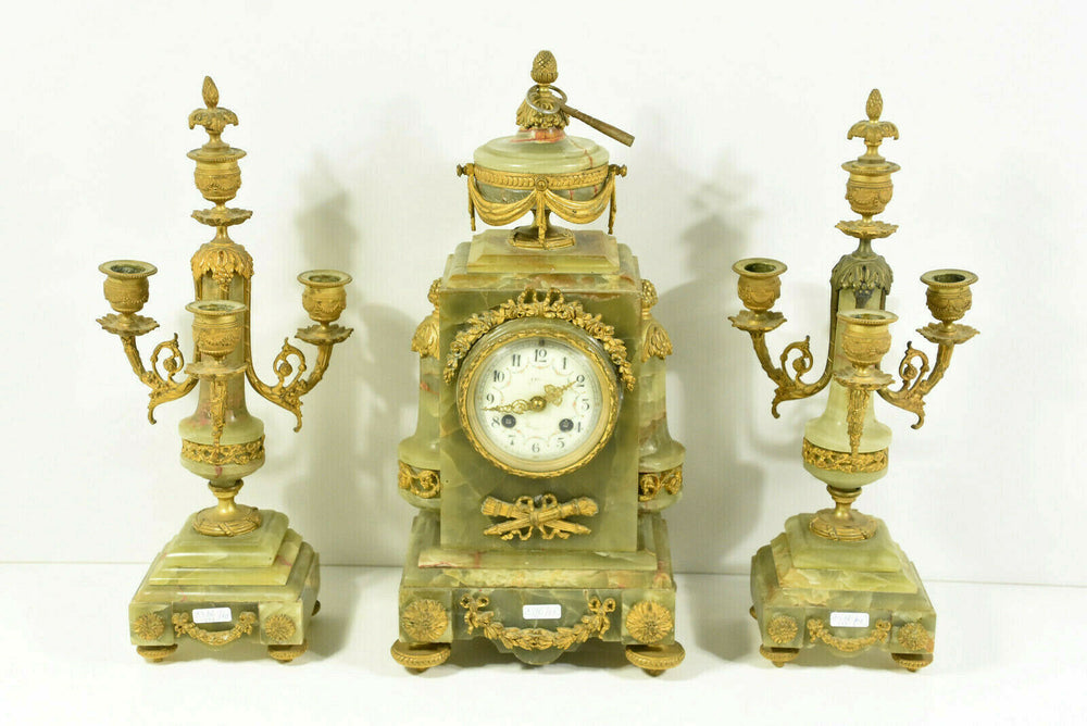 Antique French onyx and brass mantel clock set louis XVI decor candelabras