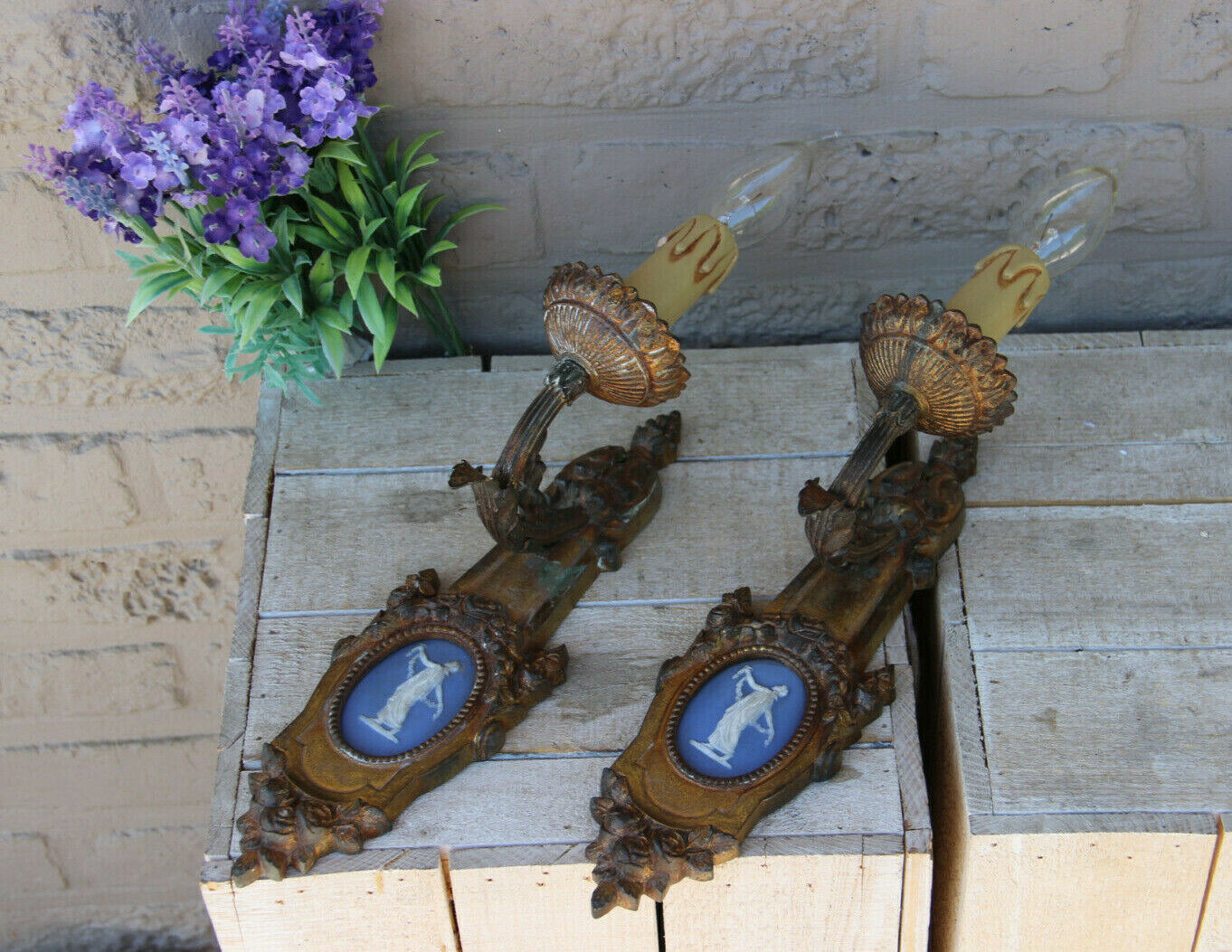 PAIR antique french bronze wegdwood porcelain plaque sconces wall lights