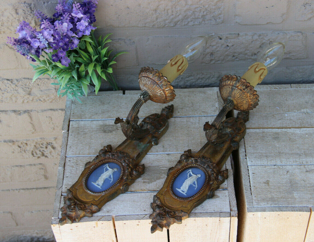 PAIR antique french bronze wegdwood porcelain plaque sconces wall lights