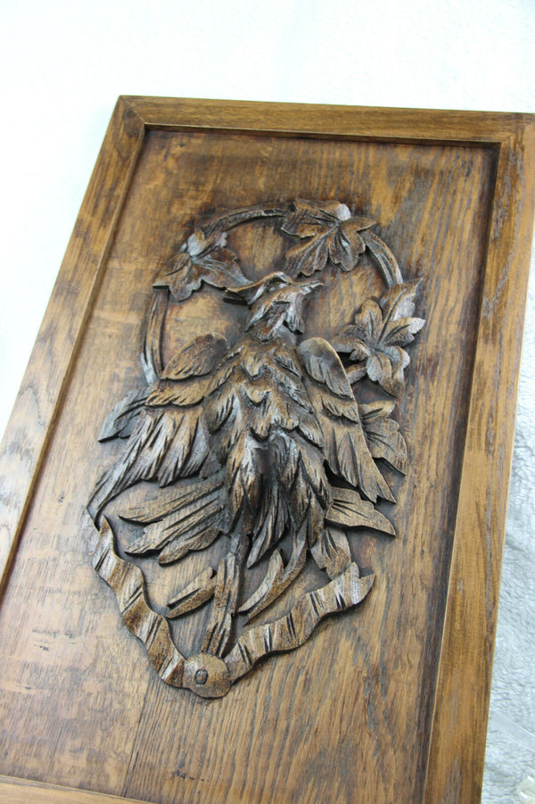 OLD german black forest oak wood carved wall plaque hunt bird panel