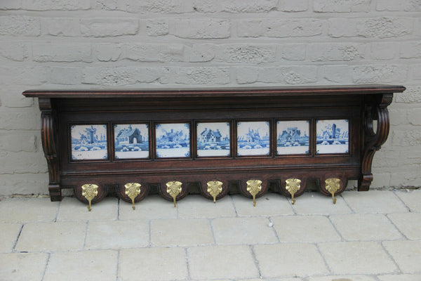 Huge Antique oak wood carved wall coat rack delft pottery tiles 1920s