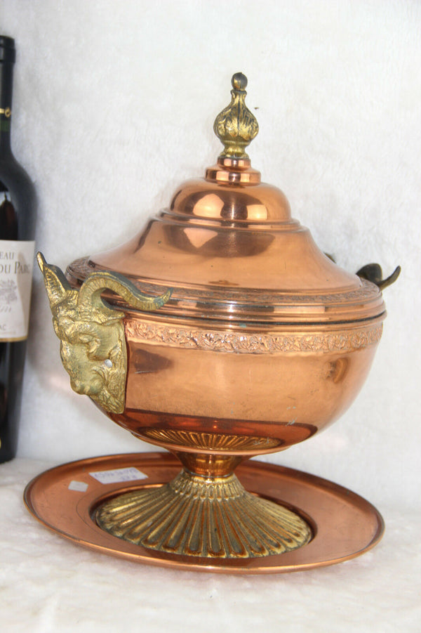 Gorgeous French copper soup tureen bowl coupe on plate ram heads brass RARE