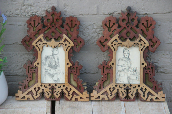 PAIR antique french art nouveau wood carved photo picture frames rare