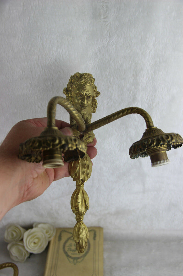 PAIR french brass Devil faun satyr head portrait sconces wall lights 1950's