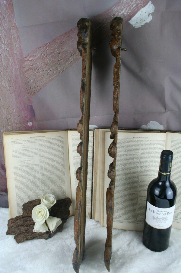 Antique 1880 PAIR German wood carved black forest panels plaques cabinet putti