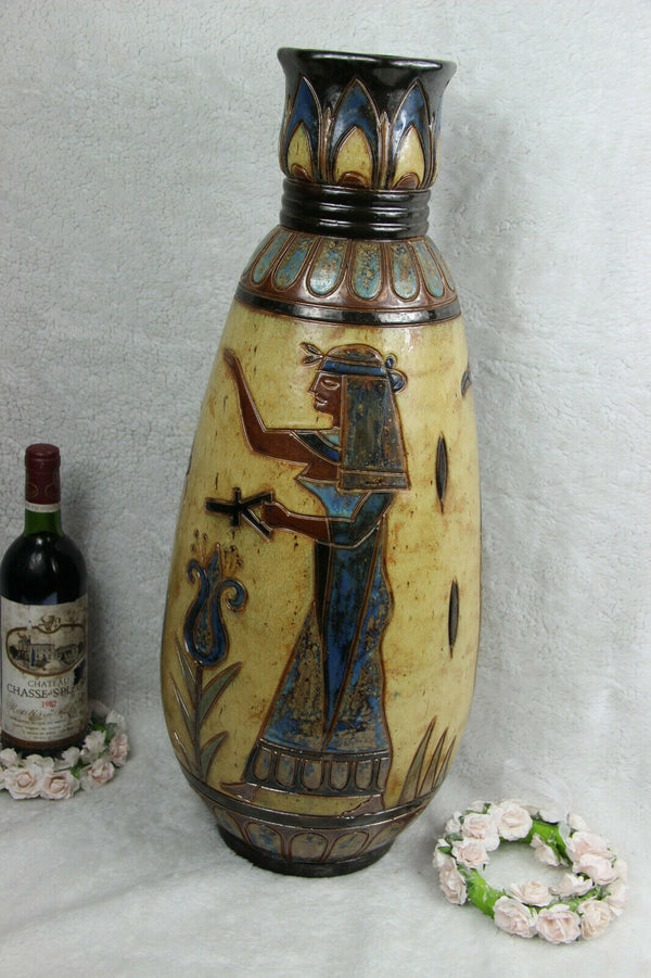 XL ART DECO Belgian CERAMIC Vase Signed DUBOIS Egypt god bird theme