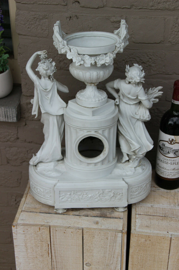 Huge Antique german Bisque porcelain group nymph Clock vase