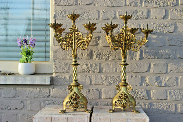 Antique church altar 5 arm neo gothic bronze lion paws candelabras religious